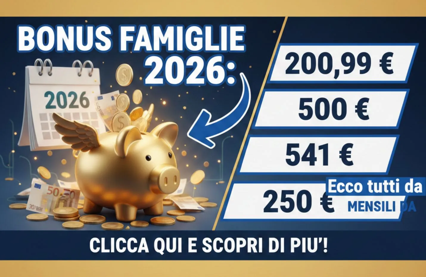 Bonus Famiglie 2026: Ecco tutti i Bonus da 200,99 euro, 500 euro, 541 euro, 250 euro mensili